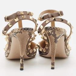 Pre Owned Valentino Two Tone Snakeskin Rockstud Ankle Strap Pumps Size 37.5