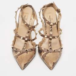 Pre Owned Valentino Two Tone Snakeskin Rockstud Ankle Strap Pumps Size 37.5