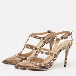 Pre Owned Valentino Two Tone Snakeskin Rockstud Ankle Strap Pumps Size 37.5