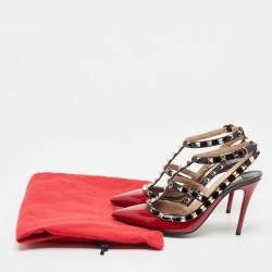 Pre Owned Valentino Dark Red/Black Patent Leather Rockstud Ankle Strap Pumps Size 36.5