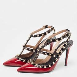 Pre Owned Valentino Dark Red/Black Patent Leather Rockstud Ankle Strap Pumps Size 36.5