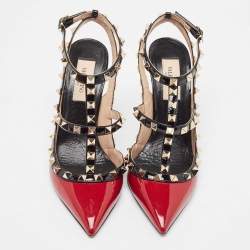Pre Owned Valentino Dark Red/Black Patent Leather Rockstud Ankle Strap Pumps Size 36.5