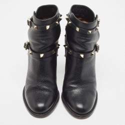 Pre Owned Valentino Black Leather Rockstud Ankle Boots Size 37