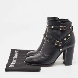 Pre Owned Valentino Black Leather Rockstud Ankle Boots Size 37