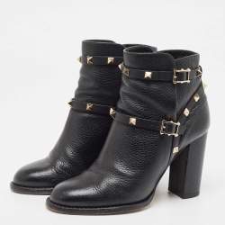 Pre Owned Valentino Black Leather Rockstud Ankle Boots Size 37