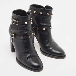 Pre Owned Valentino Black Leather Rockstud Ankle Boots Size 37
