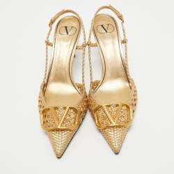 Pre Owned Valentino Gold Woven Leather Vlogo Slingback Pumps Size 39.5