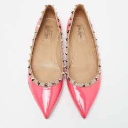 Pre Owned Valentino Pink/Beige Patent Leather Rockstud Pointed Toe Ballet Flats Size 40