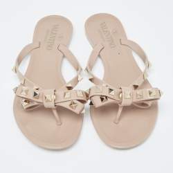 Pre Owned Valentino Pink Rubber Rockstud Bow Thong Flats Size 35