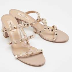 Pre Owned Valentino Dusty Pink Leather Rockstud Slide Sandals Size 38