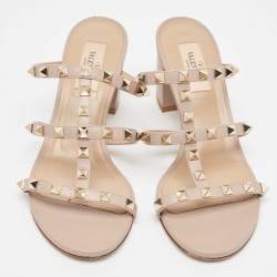 Pre Owned Valentino Dusty Pink Leather Rockstud Slide Sandals Size 38