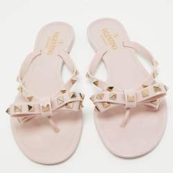 Pre Owned Valentino Pink Rubber Rockstud Bow Thong Flats Size 38