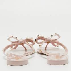 Pre Owned Valentino Pink Rubber Rockstud Bow Thong Flats Size 38