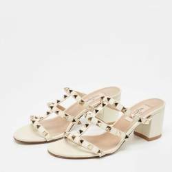 Pre Owned Valentino Off White Leather Rockstud Slide Sandals Size 35.5