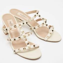 Pre Owned Valentino Off White Leather Rockstud Slide Sandals Size 35.5