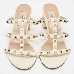 Pre Owned Valentino Off White Leather Rockstud Slide Sandals Size 35.5