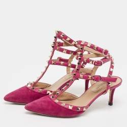 Pre Owned Valentino Pink Suede Rockstud Ankle Strap Pumps Size 36
