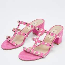 Pre Owned Valentino Pink Suede Rockstud Slide Sandals Size 35