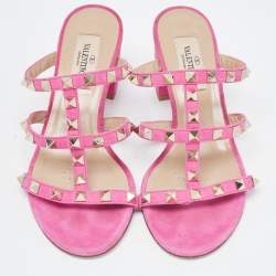 Pre Owned Valentino Pink Suede Rockstud Slide Sandals Size 35