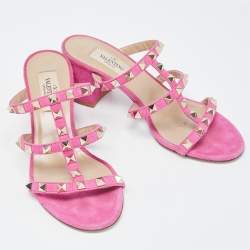 Pre Owned Valentino Pink Suede Rockstud Slide Sandals Size 35