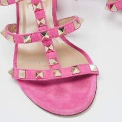 Pre Owned Valentino Pink Suede Rockstud Slide Sandals Size 35