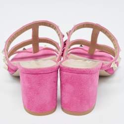 Pre Owned Valentino Pink Suede Rockstud Slide Sandals Size 35