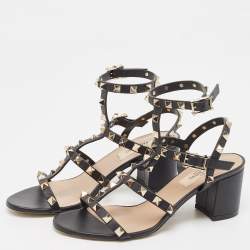 Valentino Black Leather Rockstud Ankle Strap Sandals Size 35.5