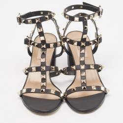 Valentino Black Leather Rockstud Ankle Strap Sandals Size 35.5