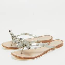 Valentino Silver Glitter Rubber Bow Rockstud Thong Flats Size 36