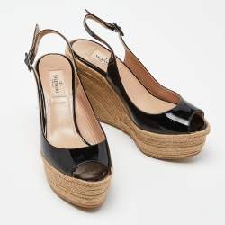 Pre Owned Valentino Black Patent Leather Espadrille Wedge Ankle Strap Sandals Size 39
