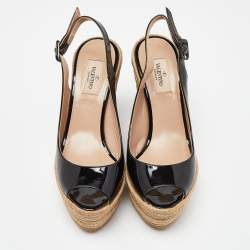 Pre Owned Valentino Black Patent Leather Espadrille Wedge Ankle Strap Sandals Size 39