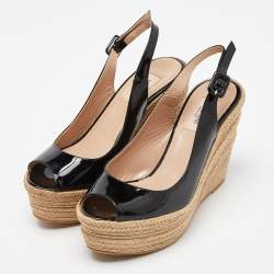 Pre Owned Valentino Black Patent Leather Espadrille Wedge Ankle Strap Sandals Size 39