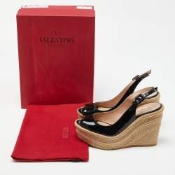 Pre Owned Valentino Black Patent Leather Espadrille Wedge Ankle Strap Sandals Size 39