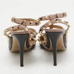 Pre Owned Valentino Black/Dusty Pink Leather Rockstud Ankle Strap Pumps Size 39.5