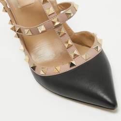 Valentino Black/Dusty Pink Leather Rockstud Ankle Strap Pumps Size 39.5
