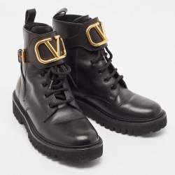 Pre Owned Valentino Black Leather Vlogo Signature Ankle Boots Size 37