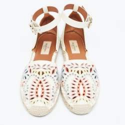 Pre Owned Valentino Cream  Embroidered Leather Ankle Strap Espadrille Flats Size 37