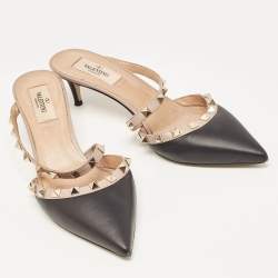 Pre Owned Valentino Black Leather Rockstud Mules Size 38
