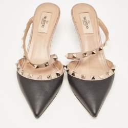 Pre Owned Valentino Black Leather Rockstud Mules Size 38