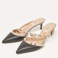Pre Owned Valentino Black Leather Rockstud Mules Size 38
