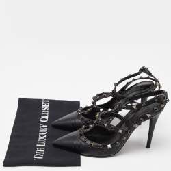 Pre Owned Valentino Black Leather Rockstud Strappy Pointed Toe Pumps Size 37.5