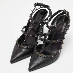 Pre Owned Valentino Black Leather Rockstud Strappy Pointed Toe Pumps Size 37.5