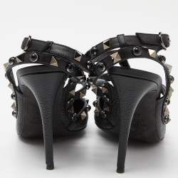 Pre Owned Valentino Black Leather Rockstud Strappy Pointed Toe Pumps Size 37.5