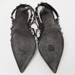 Pre Owned Valentino Black Leather Rockstud Strappy Pointed Toe Pumps Size 37.5