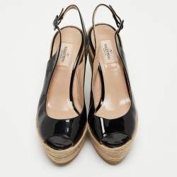 Valentino Black Patent Leather  Espadrille Wedge Sandals Size 40