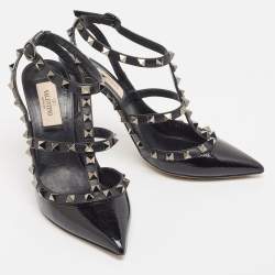 Pre Owned Valentino Black Leather Rockstud Slingback Pumps Size 37