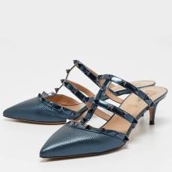 Pre Owned Valentino Metallic Blue Leather Rockstud Mules Size 38