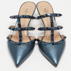 Pre Owned Valentino Metallic Blue Leather Rockstud Mules Size 38