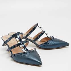 Pre Owned Valentino Metallic Blue Leather Rockstud Mules Size 38