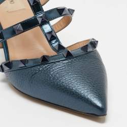 Pre Owned Valentino Metallic Blue Leather Rockstud Mules Size 38